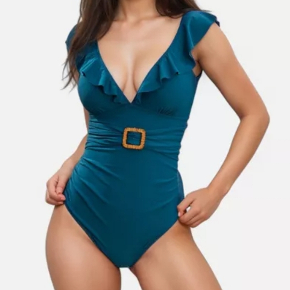 PLUS SIZE Elegant Teal Ruffle One-Piece Swimsuit